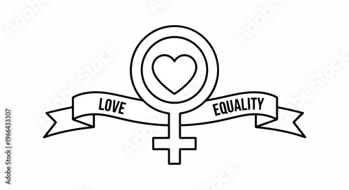 Line art illustration of a female symbol with a heart in a circle and ribbons reading 'LOVE' and 'EQUALITY' on a white background.