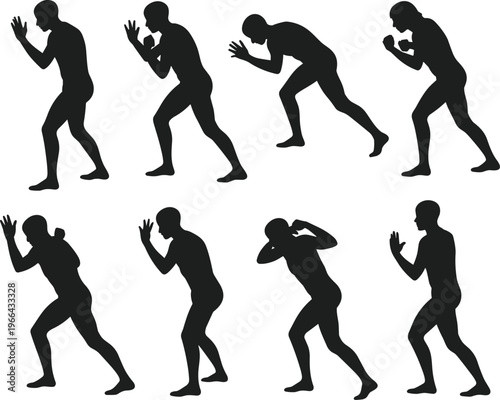 Human silhouette defensive stances, self defense illustration, protective posture vector design, physical training concept, martial art movement, black white graphic