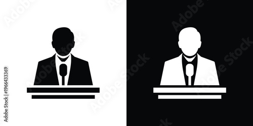 Black and white silhouettes of men in suits speaking at podiums