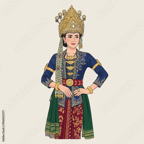 Balinese Woman in Traditional Costume and Golden Crown, Illustration