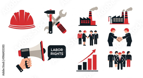 Comprehensive collection of industry, labor, and worker rights icons depicting employment, industrial production, and workforce advocacy and protection