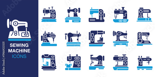 Sewing Machine icon set. Containing sewing, machine, stitching, fabric, tailoring and more. Solid vector icons collection. Vector illustration.