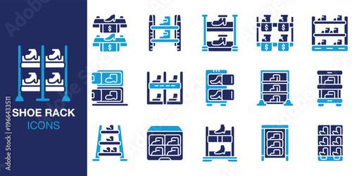 Shoe Rack icon set. Containing shoe, rack, storage, footwear, organization and more. Solid vector icons collection. Vector illustration.