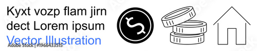 Banking, investment, savings, real estate, housing market, financial growth. Dollar symbol, stacked coins and a house outline. Banking and investment concepts