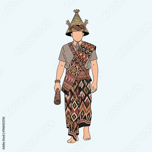 Indigenous Man in Traditional Attire and Hat, Holding a Cylindrical Object