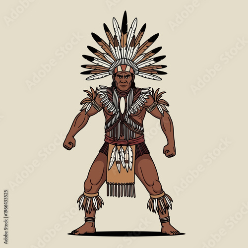 Indigenous warrior in traditional headdress and attire, standing pose