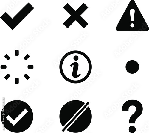 Set of common user interface icons including checkmarks, warning, loading, information, and question mark symbols