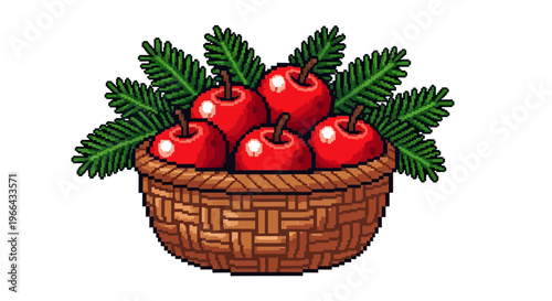 Basket of Fresh Ripe Red Apples with Greenery.
