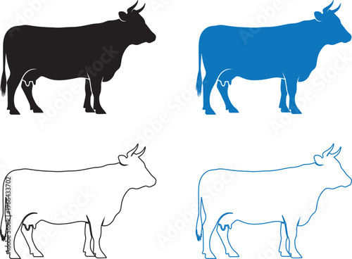 Set of cow silhouettes and outlines in black and blue colors