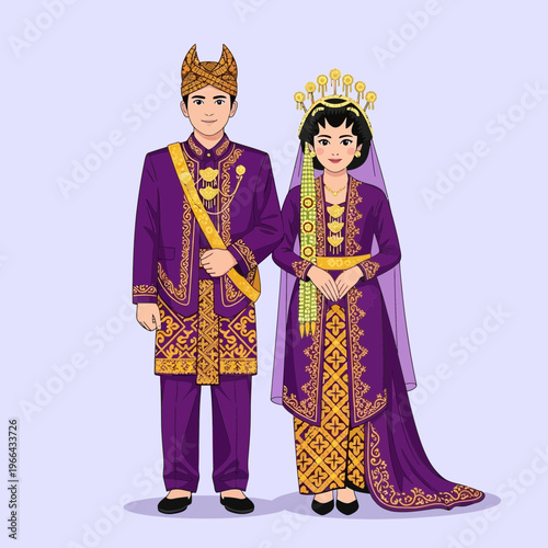 Indonesian Wedding Couple in Traditional Purple and Gold Attire