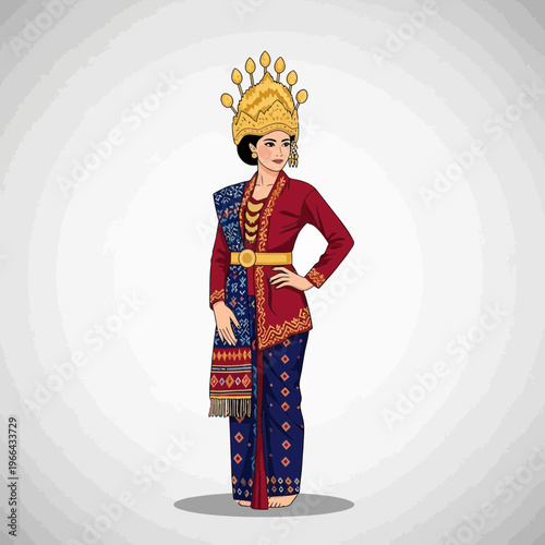 Indonesian Woman in Traditional Attire and Gold Headdress