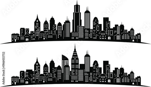 Black city skyline silhouettes with skyscrapers and urban buildings on a curved horizon line vector illustration set isolated on a white background