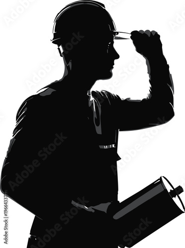 Black silhouette of professional male construction engineer wearing hard hat and holding architectural blueprints standing in profile isolated on white background