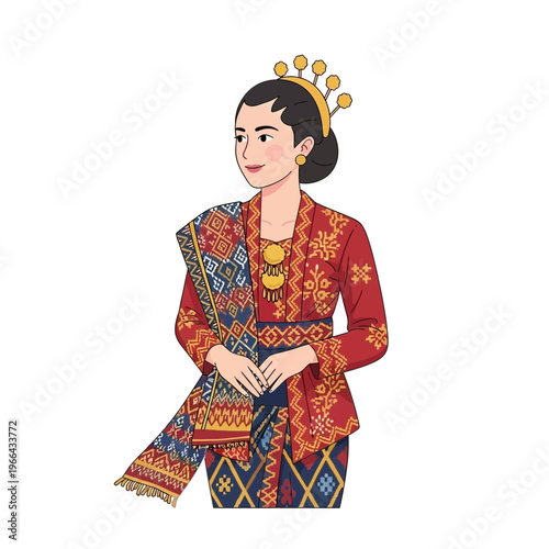 Indonesian Woman in Traditional Batik Attire and Kebaya