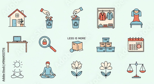 Modern lifestyle concept vector icons featuring daily routines, sustainable living, personal well-being, and business essentials for digital interfaces