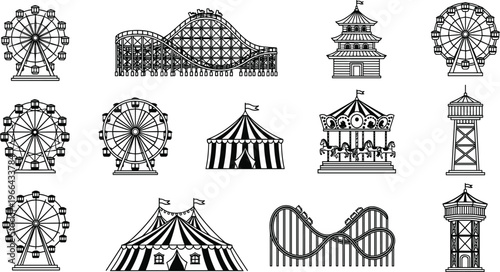 Amusement park icon set including ferris wheel roller coaster carousel and circus tent silhouettes isolated on white background for carnival fun