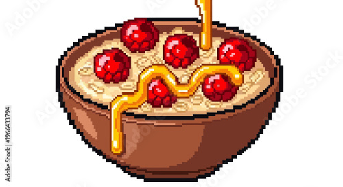 Pixel Art Oatmeal Bowl with Berries and Honey.