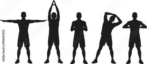 Silhouette people stretching exercise poses, fitness warm up routine, healthy lifestyle workout illustration, flexibility training, physical activity vector design