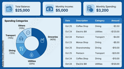 Comprehensive digital personal finance dashboard for effective budgeting and expense tracking, visualizing income, spending categories, and transaction history to manage money efficiently