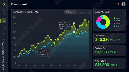 Financial Dashboard showcasing Portfolio Performance, Asset Allocation, Profit, and Returns for Investment Insights