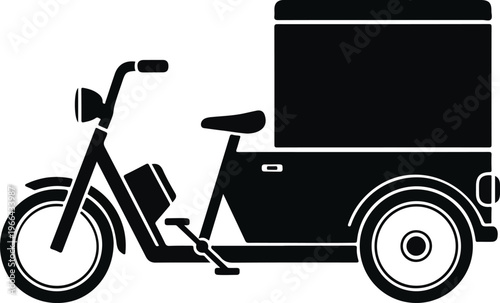 A black silhouette icon depicting a three wheeled cargo delivery vehicle against a white background isolated on transparent background, Vector