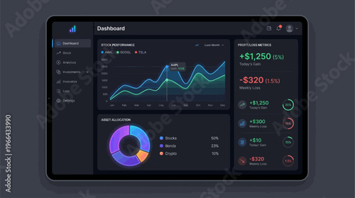 Modern dark mode financial dashboard UI design with charts and graphs on a tablet screen, showcasing analytics and data visualization for business insights