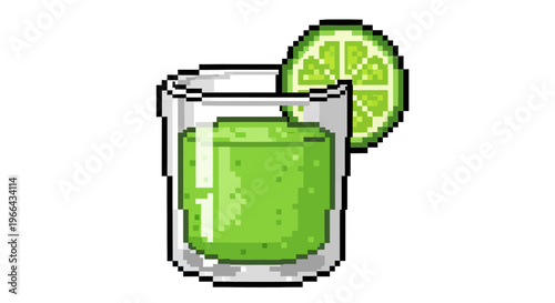 Pixel Art Glass of Green Juice with Lime Slice.