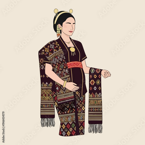 Traditional Indonesian Woman in Ethnic Attire with Ornate Fabric