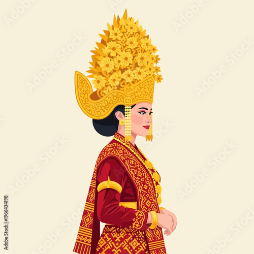 Traditional Indonesian Woman in Golden Headdress and Red Attire
