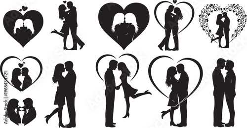 Silhouettes of Loving Couples in Heart Shapes