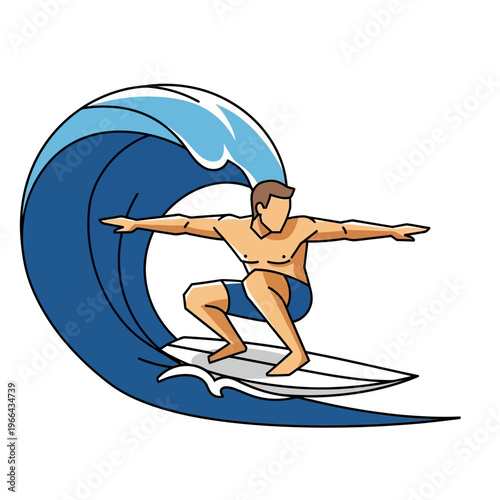Surfer riding a large ocean wave, dynamic water sport, clear blue sea, isolated illustration