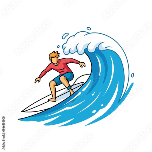 Surfer Riding Big Blue Wave in Cartoon Style