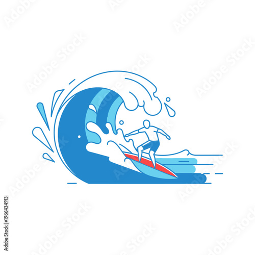 Surfer Riding Big Blue Wave, Minimalist Line Art Style, Action Sport Illustration