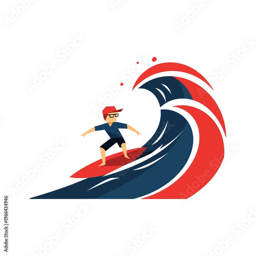 Surfer Riding Big Wave, Cartoon Style, Summer Ocean Sport
