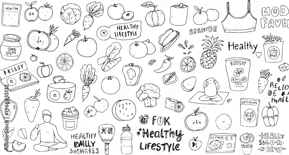 Naklejka premium Health and Wellness Hand-Drawn Black and White Line Art Doodles: Healthy Lifestyle, Food, Nutrition, and Fitness Elements Collection