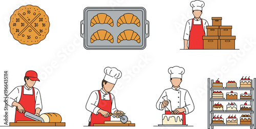 Bakery process illustration set with bakers preparing bread, croissants, cakes and pastries, professional baking workflow collection isolated on white background