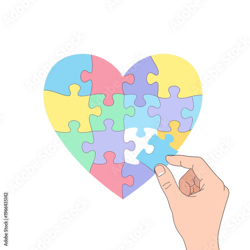 Hand placing final puzzle piece into colorful heart shape, love connection, completion concept