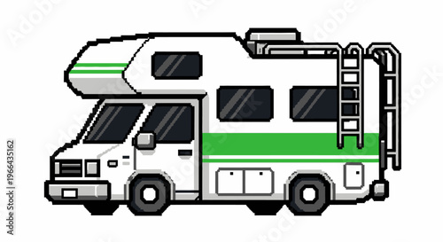 Pixel Art RV Camper Van with Green Stripes.