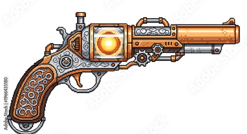 Steampunk Revolver with Ornate Engravings and Glowing Core.