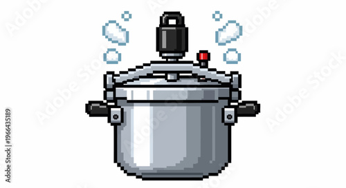 Pixel Art Pressure Cooker Steaming Food Preparation.