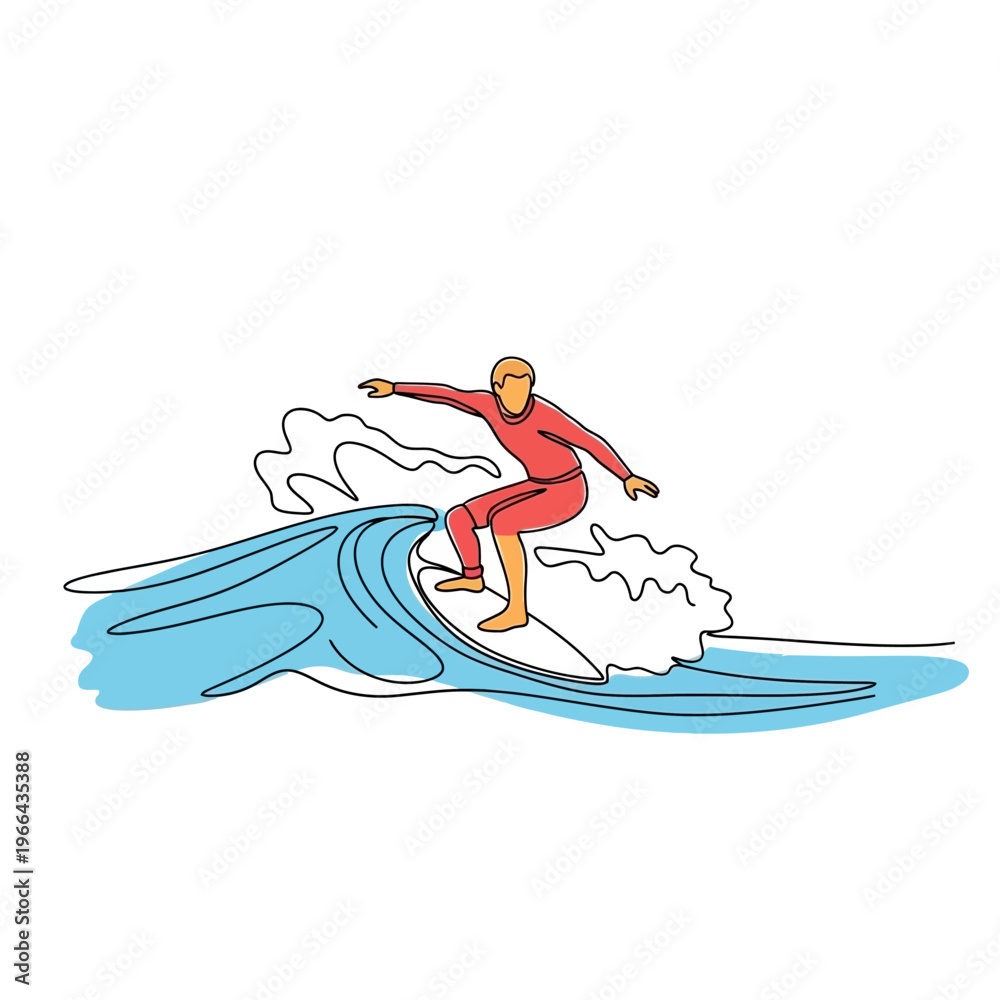 Fototapeta premium Surfer Riding Wave, One Line Drawing Style, Dynamic Action, Ocean Sport