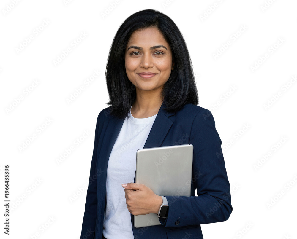 Obraz premium Professional female consultant smiling and holding a silver tablet, isolated png cutout on transparent background