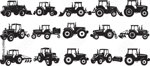 Tractor Silhouettes in Various Agricultural Settings and Attachments