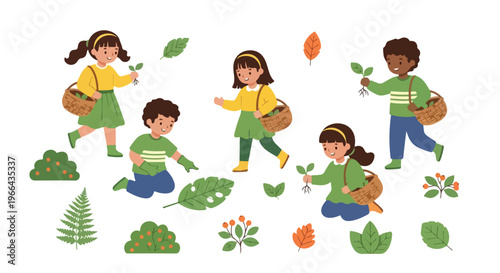 Diverse group of children joyfully exploring nature, picking small plants and collecting leaves in baskets against a plain white background.