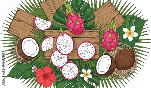 Tropical Fruit Vector Illustration with Dragon Fruit, Coconut, Palm Leaves, Hibiscus and Plumeria Flowers, and Wooden Boards, Exotic Summer Fruit