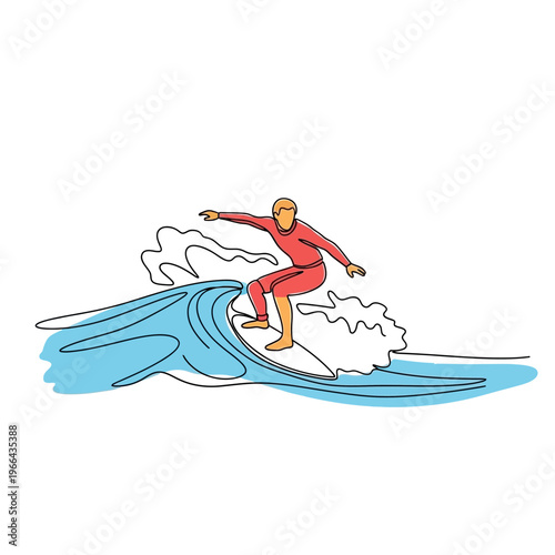Surfer Riding Wave, One Line Drawing Style, Dynamic Action, Ocean Sport