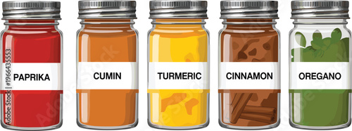 Five labeled glass spice jars paprika cumin turmeric cinnamon oregano isolated on white background colorful seasoning containers kitchen ingredients culinary herbs illustration
