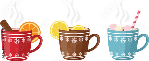 Winter hot beverages set with mulled wine, lemon tea and hot chocolate in festive mugs isolated on white, cozy holiday drink illustration