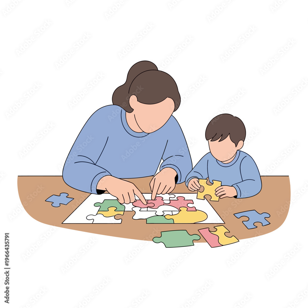 Fototapeta premium Mother and Child Solving Jigsaw Puzzle Together, Family Bonding and Learning Activity