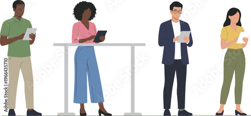Collection of diverse business professionals using digital tablets and standing at high desk for modern office teamwork and freelance lifestyle concept flat vector
